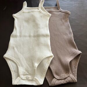 Soft White Ribbed Kids Bodysuit and taupe bodysuit. Onsie. Pair.